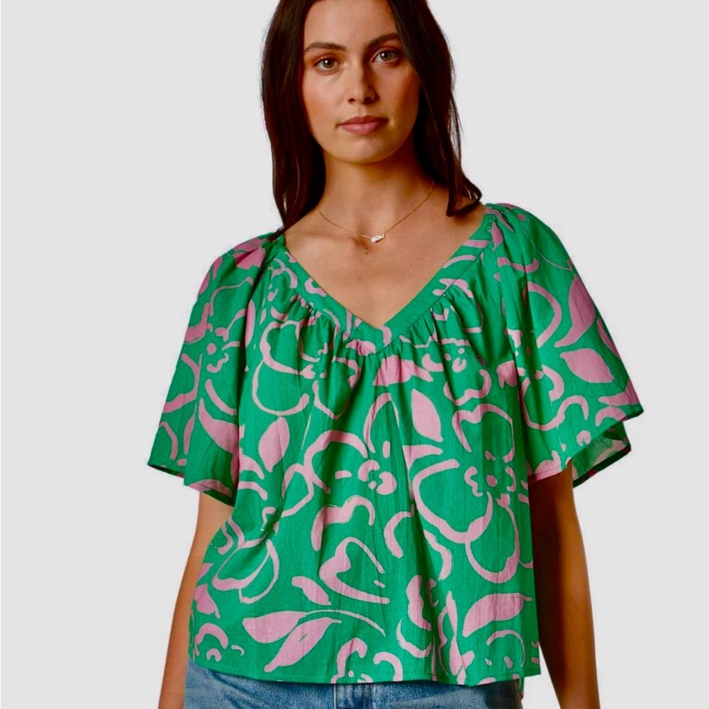 Velvet Liliana Printed‎ 100% Cotton Voile V Neck Blouse Green & Pink Size Small